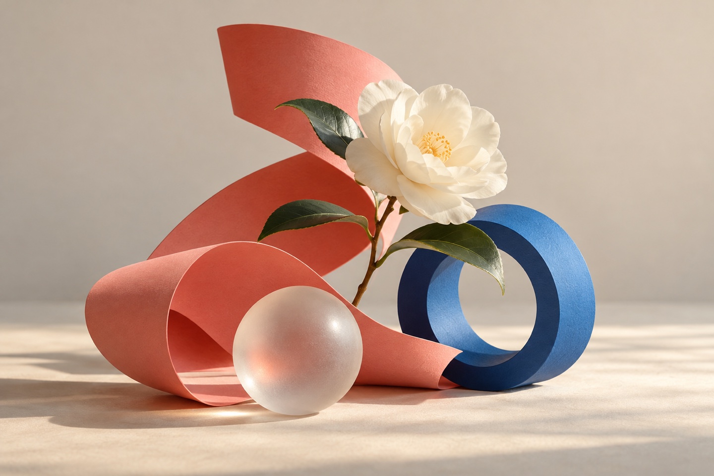 Original AI-generated still life of paper, a flower and glass